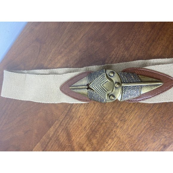 Vintage 80's Cinch Belt Fabric Leather Size L Tan Stretch Arrow Buckel 39" USA - Picture 3 of 7
